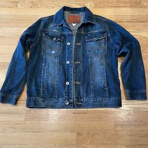 Heavyweight Denim Biker Trucker Jacket Utility Workwear Distressed Micros Small